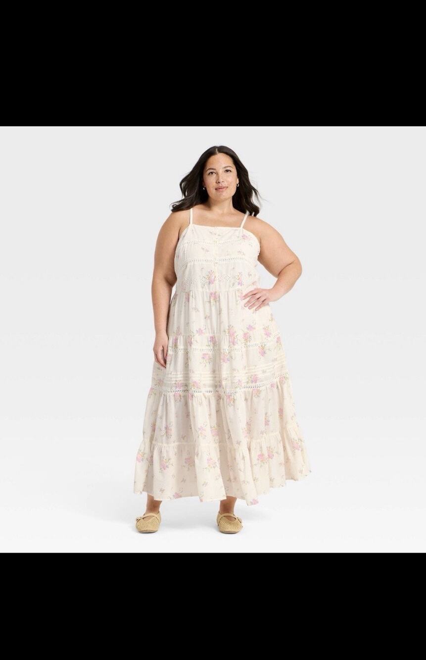 Ivory Floral Tiered Maxi Sundress Womens 2X Spaghetti Strap Lace Inset Pockets